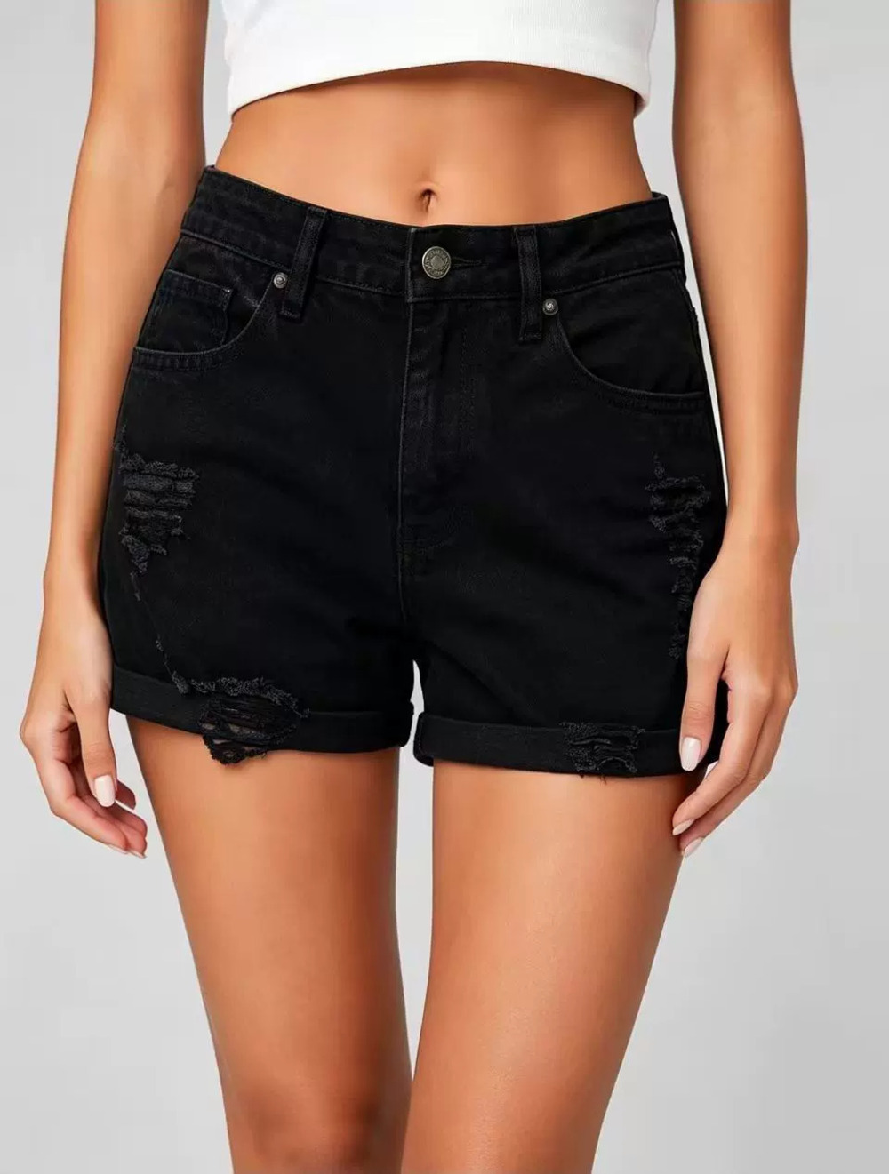 ZARA Simple Stylish Versatile Black Ripped Skinny Summer Denim Shorts for Women